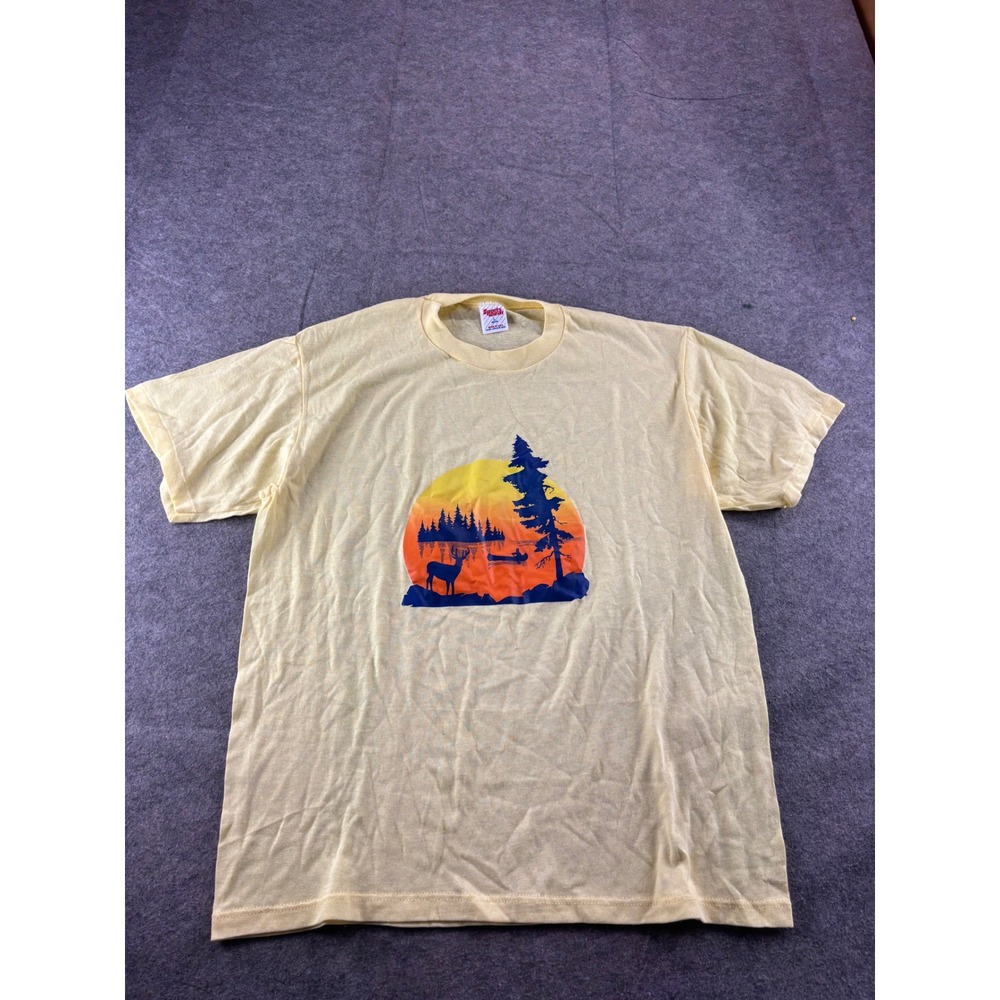 Vintage Sports Wear Single Stitch Graphic T-Shirt Yellow Deer Sunset USA Large